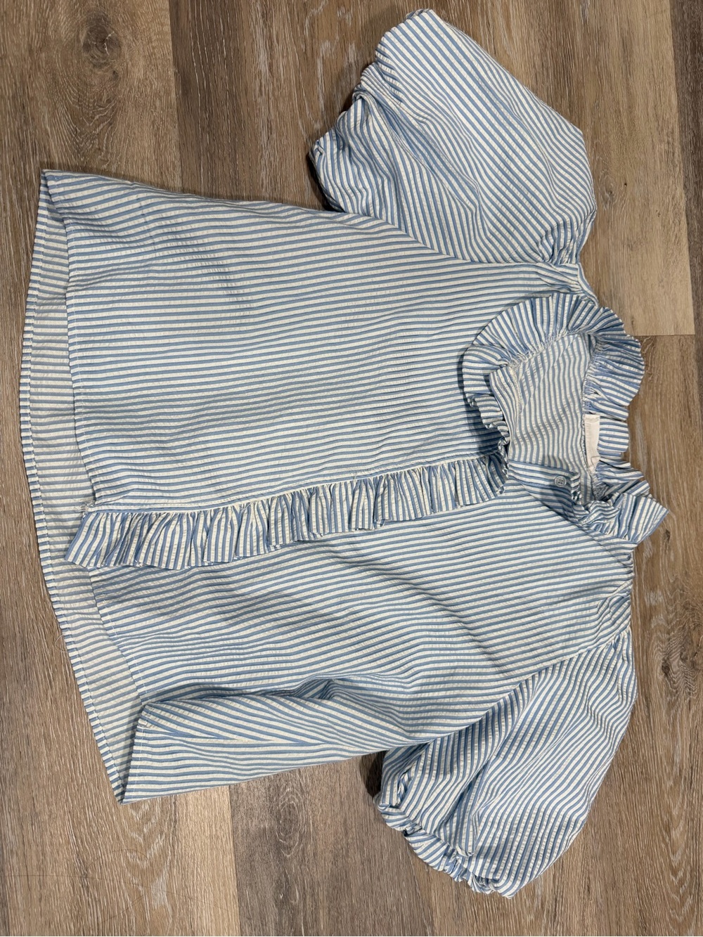 Impressions Blue & White Striped Ruffle Puff-Sleeve Blouse